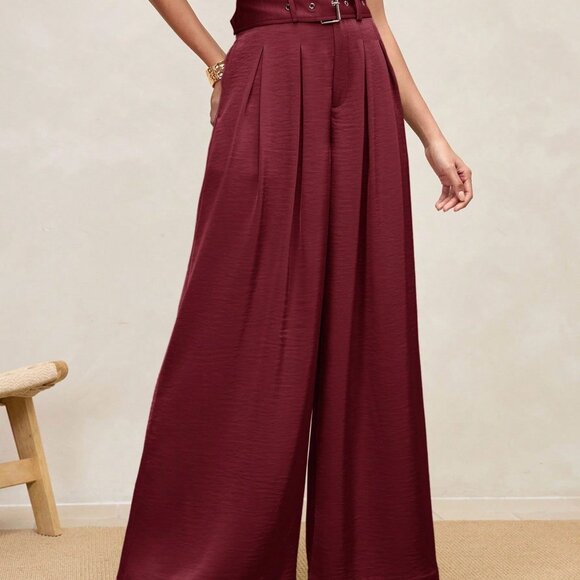 Burgundy Elegant Women's Pleated High Waist Wide Leg Pants with Belt - Picture 5 of 7